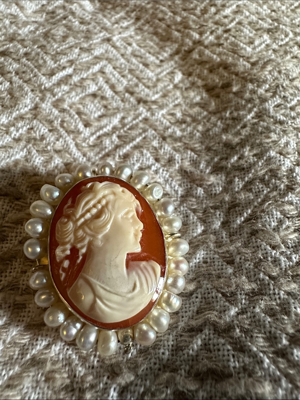 Classic Cameo fresh water Pearl Frame Brooch - Cream and Brown.  Shell carved